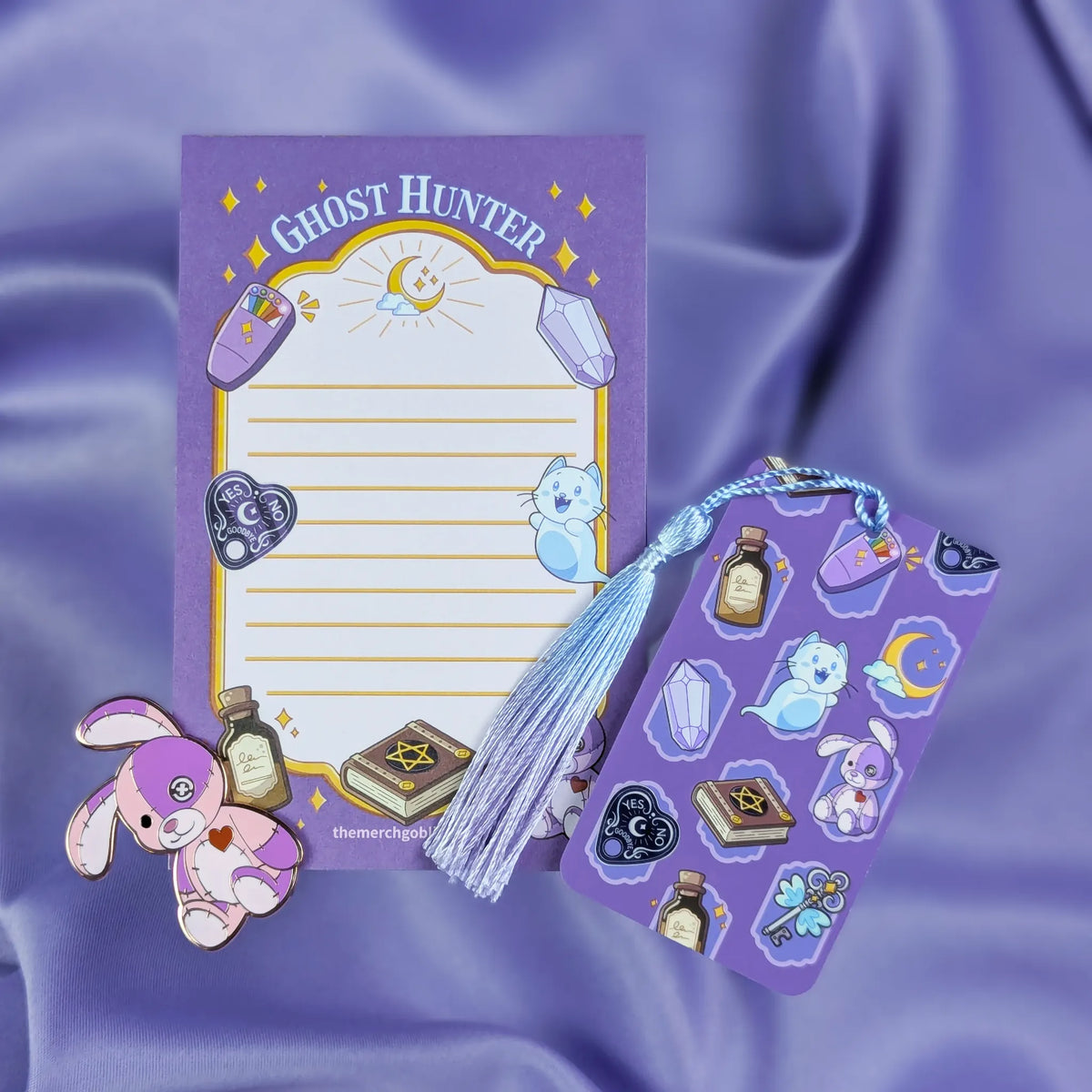 Purple ghost hunter themed notepad, bookmark, and patchwork bunny bundle.