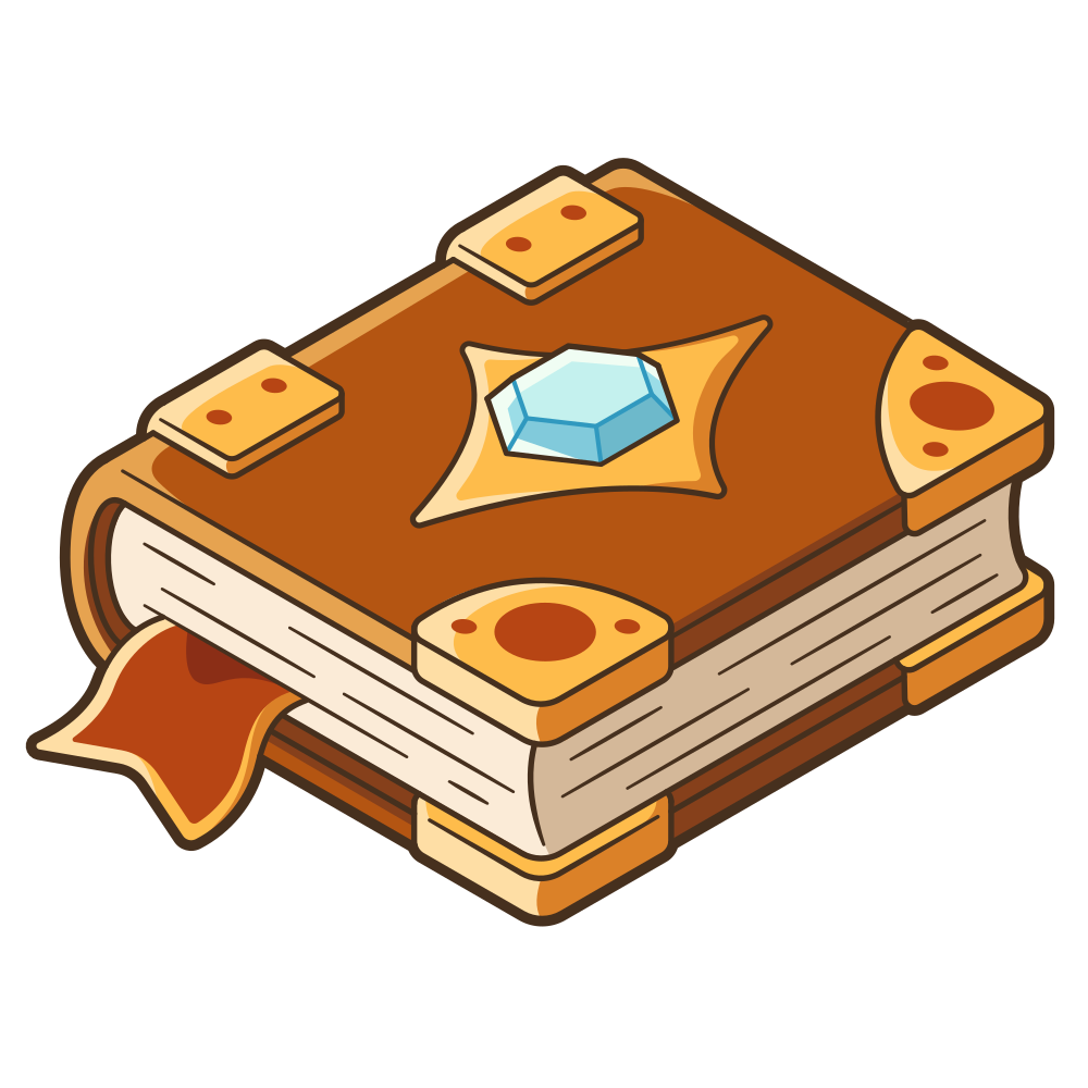 Brown chunky and cute illustrated fantasy book with a blue gemstone on the cover, gold corners, and a red bookmark.
