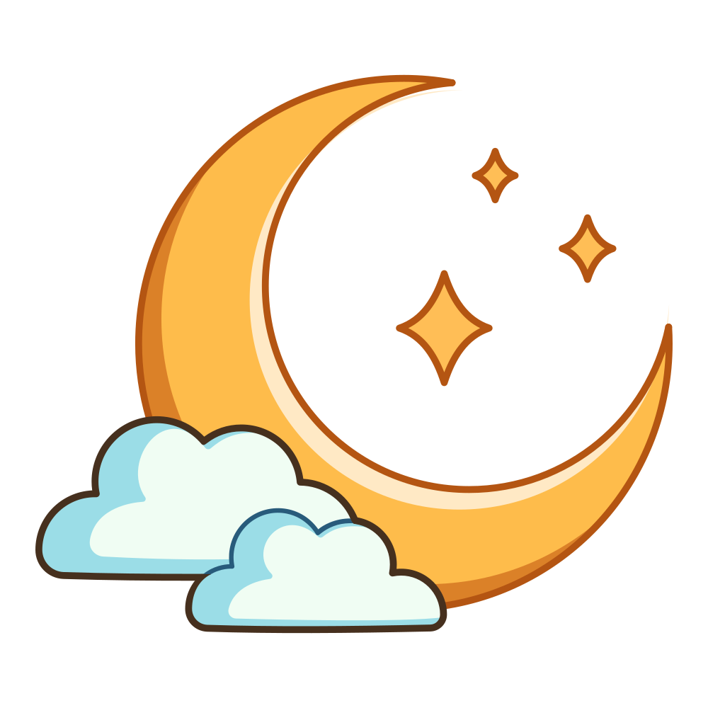 Illustration of a crescent moon with stars and clouds