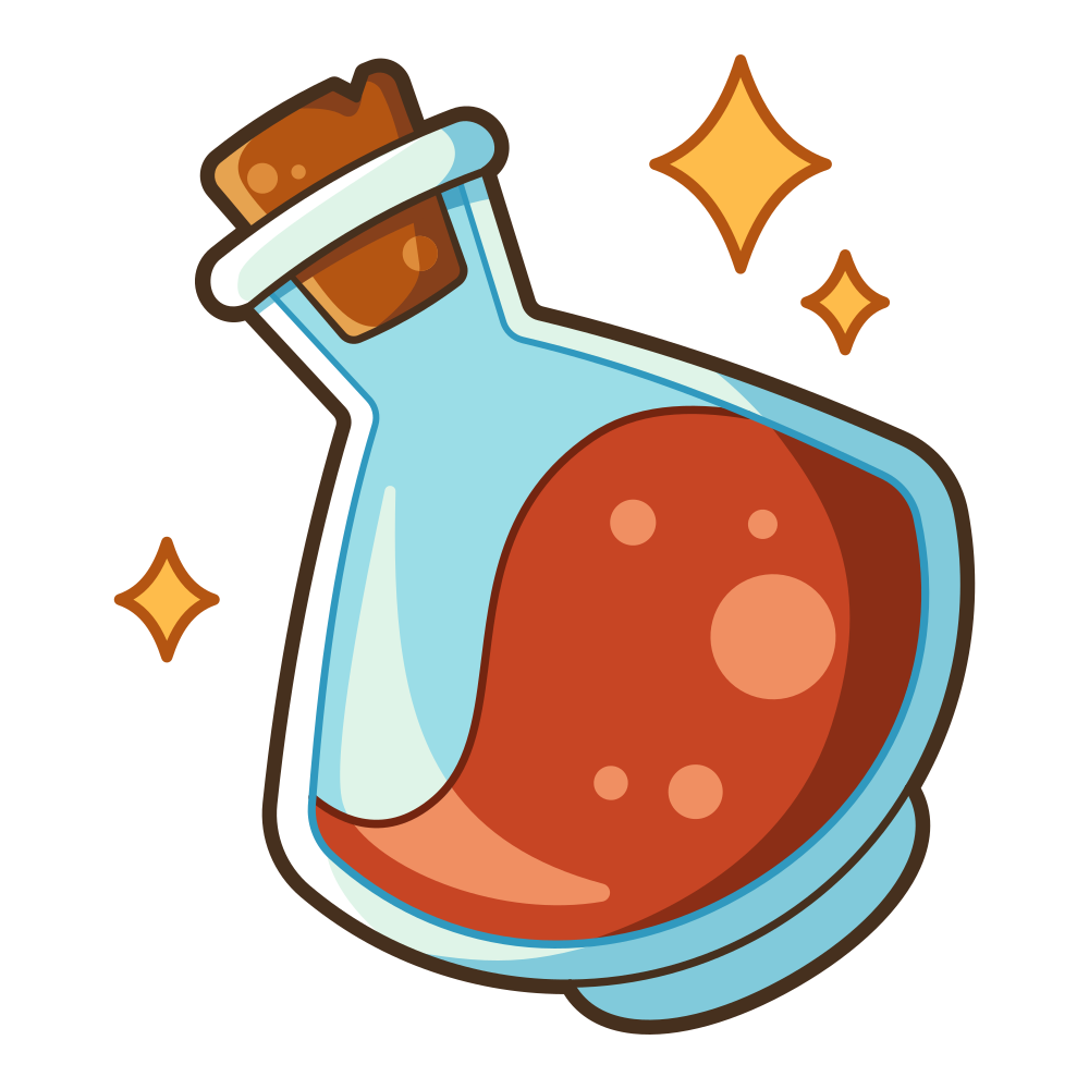 Magical glass potion bottle with swirling red liquid, topped with a cork.