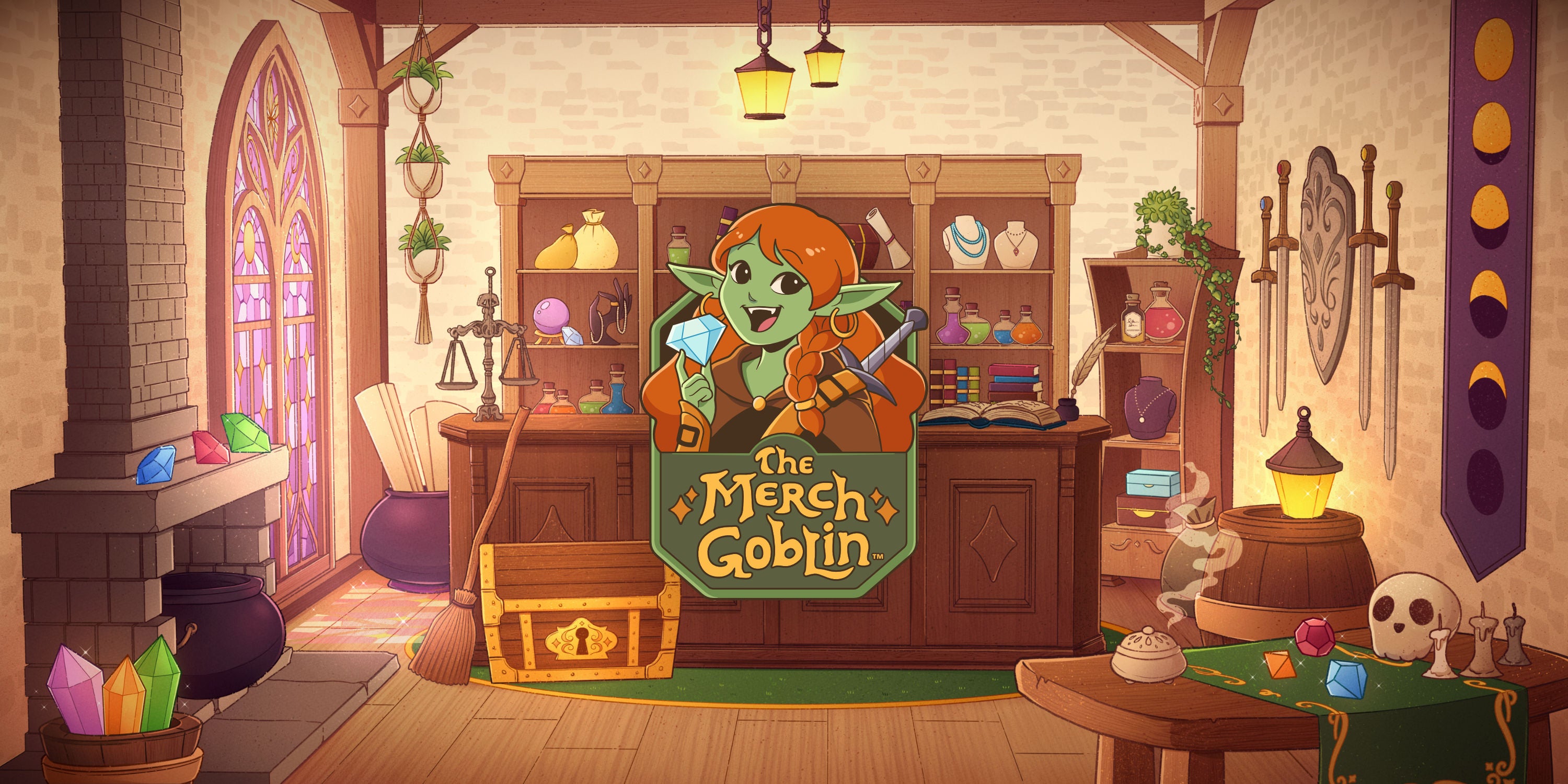 Illustration of a cozy magical shop with shelves of potions, books, and jewelry. The Merch Goblin logo is in the center.