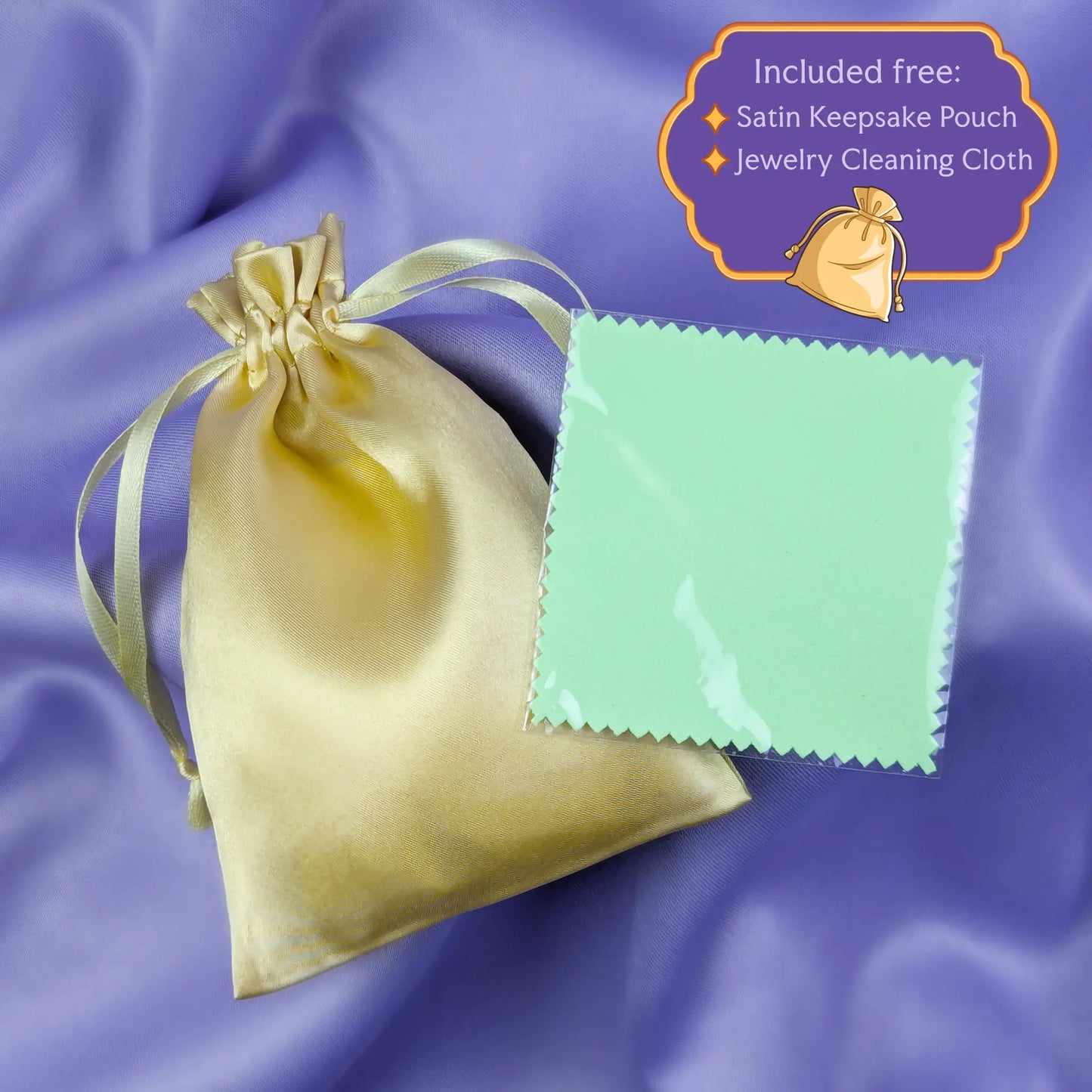 Gold satin keepsake pouch with a jewelry cleaning cloth with text that says both are included free