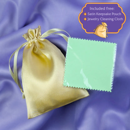 Gold satin keepsake pouch with a jewelry cleaning cloth with text that says both are included free