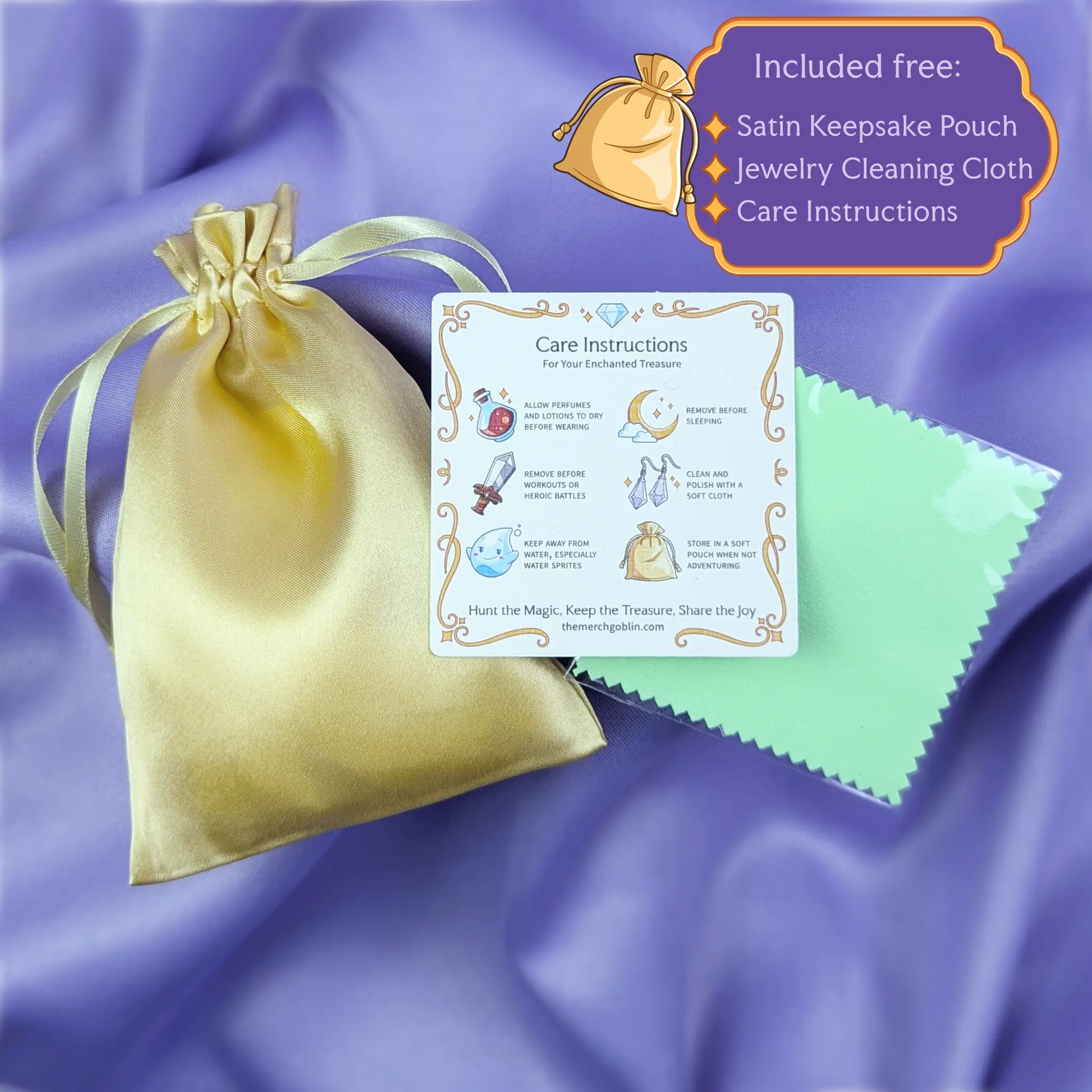 Gold satin keepsake pouch with a jewelry cleaning cloth and a card with care instructions with text that says they are included free