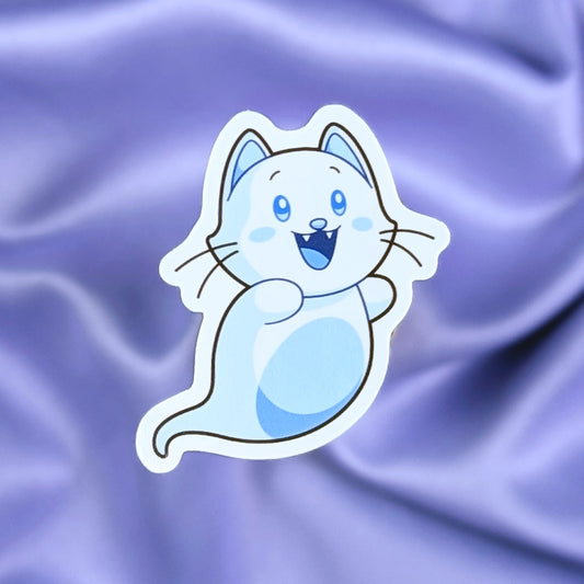 Ghost cat character sticker on a purple fabric background