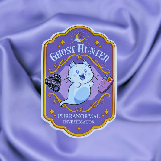 Ghost Hunter Purranormal Investigator badge sticker on a soft purple background