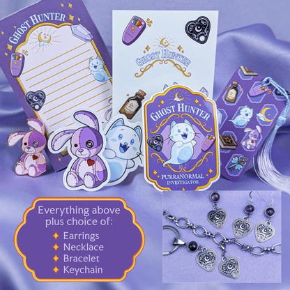 Ghost Hunter themed stationery set including notepad, hard enamel pin, bookmark, a bunch of stickers, and choice of jewelry