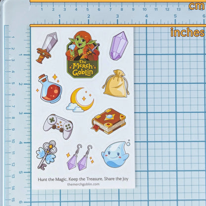 Sheet of stickers with 'Merch Goblin' branding on a ruler grid background to show measurements.