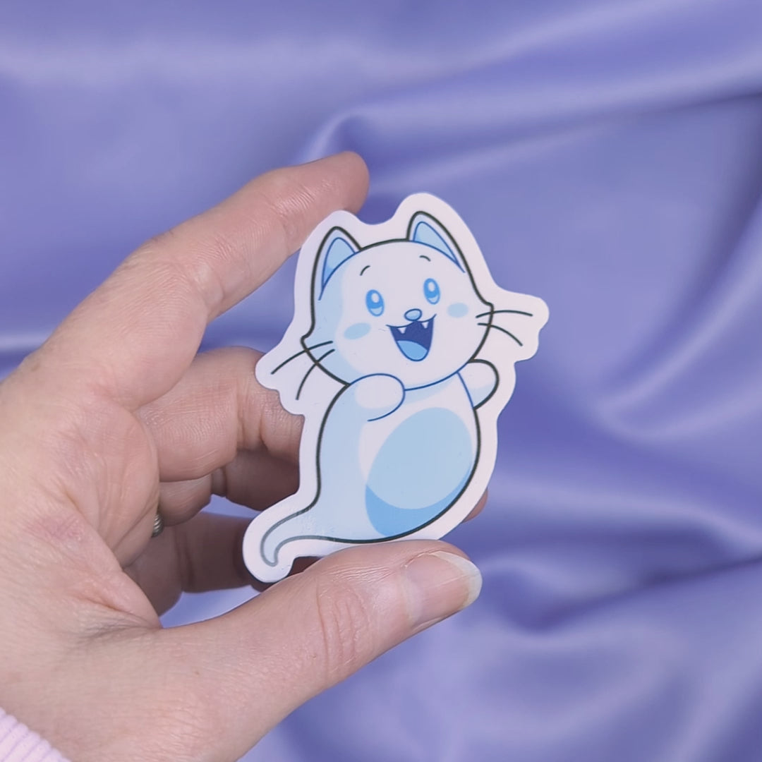 Video of a cute ghost cat sticker character with a happy expression